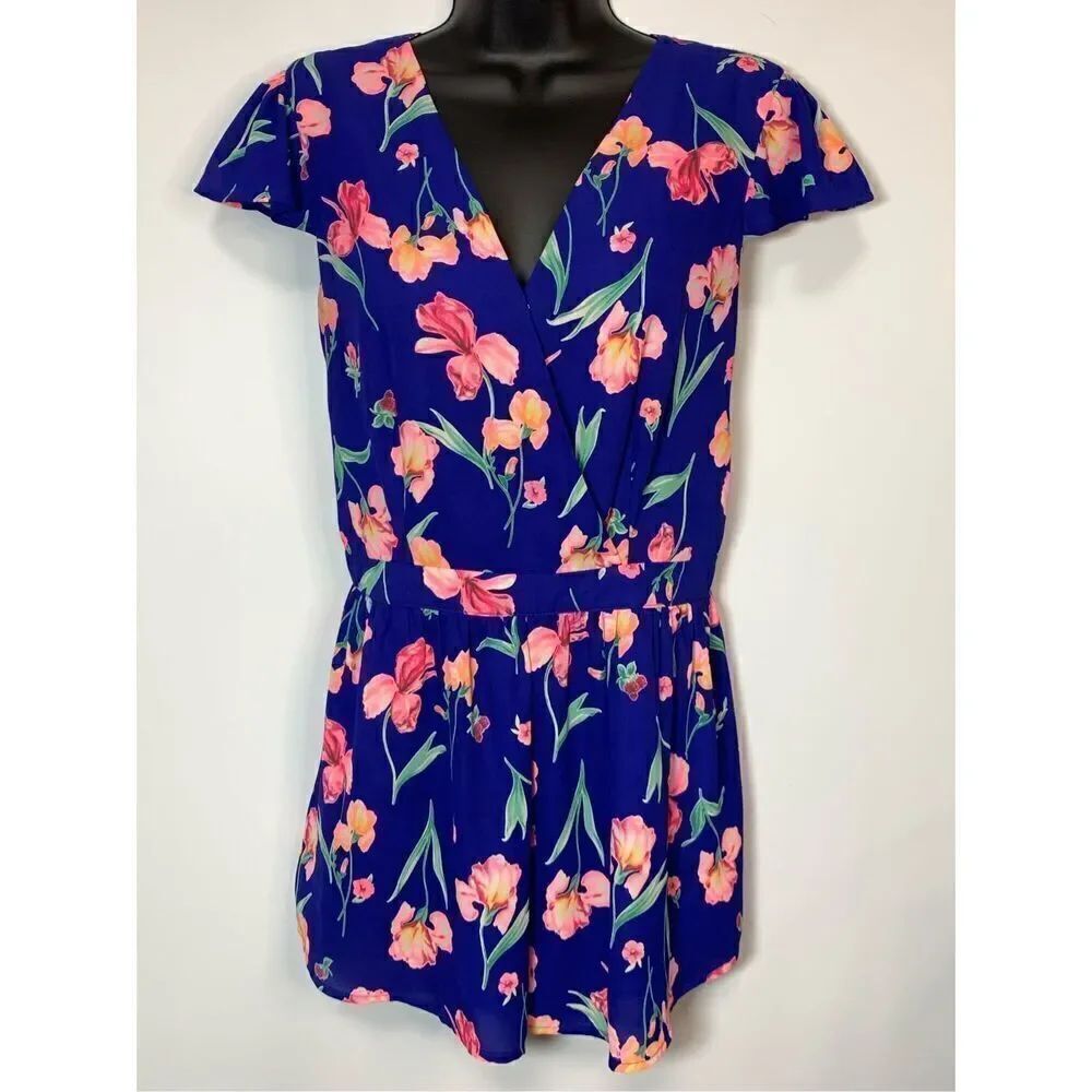 Sugar + Lips Women's Floral Print Lined Strappy Back Wrap Romper Blue Size Small